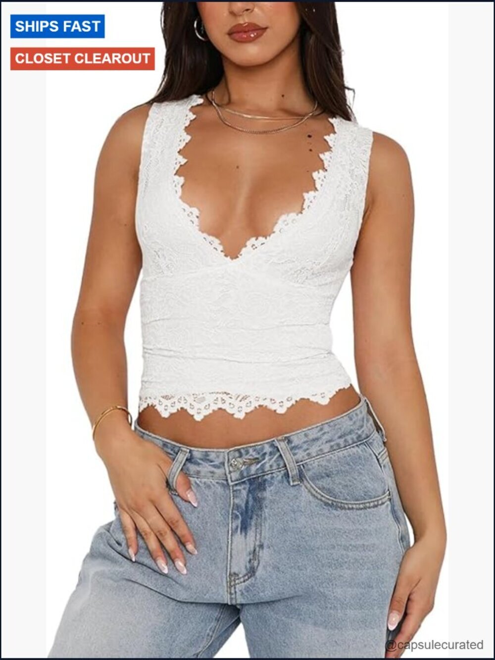 Sexy V-Neck Sleeveless Double Lined Lace Cropped Tank Top Y2K